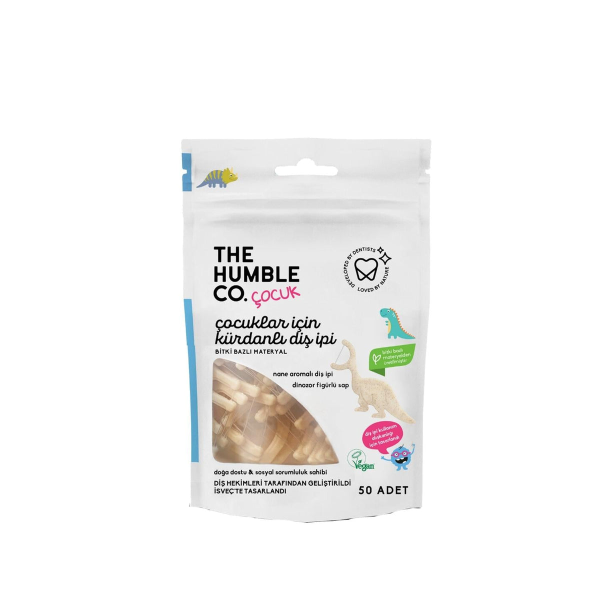 The Humble Co Kids Dental Floss Picks - Dinosaur Shape, 50 Count - Fun Oral Hygiene for Children