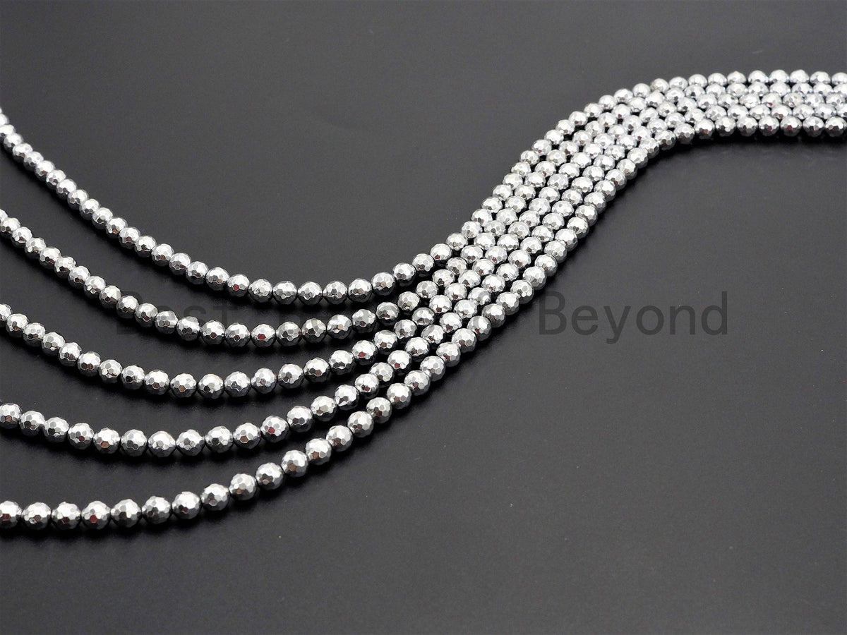 Natural Silver Hematite Beads-2mm/3mm/4mm/6mm/8mm/10mm/12mm Round Faceted Gemstone Beads-15inch Fullstrand-Metallic silver Beads, SKU#S118