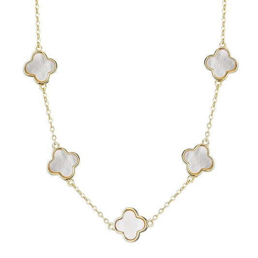Gold Plated Mother of Pearl Clover Station Necklace