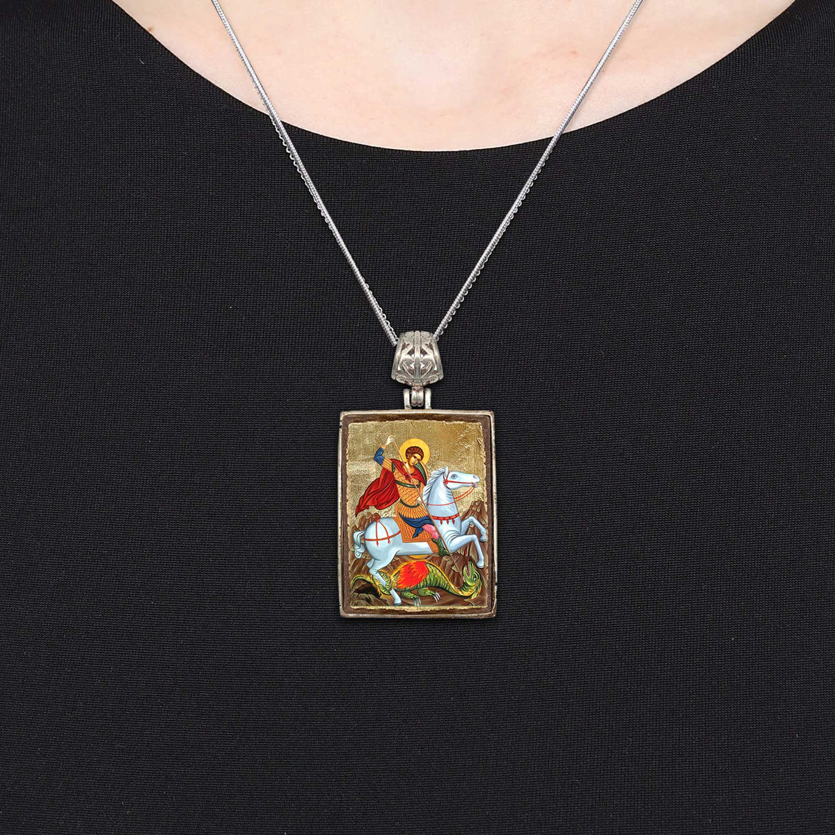 Virgin Mary Religious Jewelry Silver Plated Necklace, Gold-Plated Wooden Cabochon - Orthodox Sacred Icon - Inspirational Icon Decor - 43011R