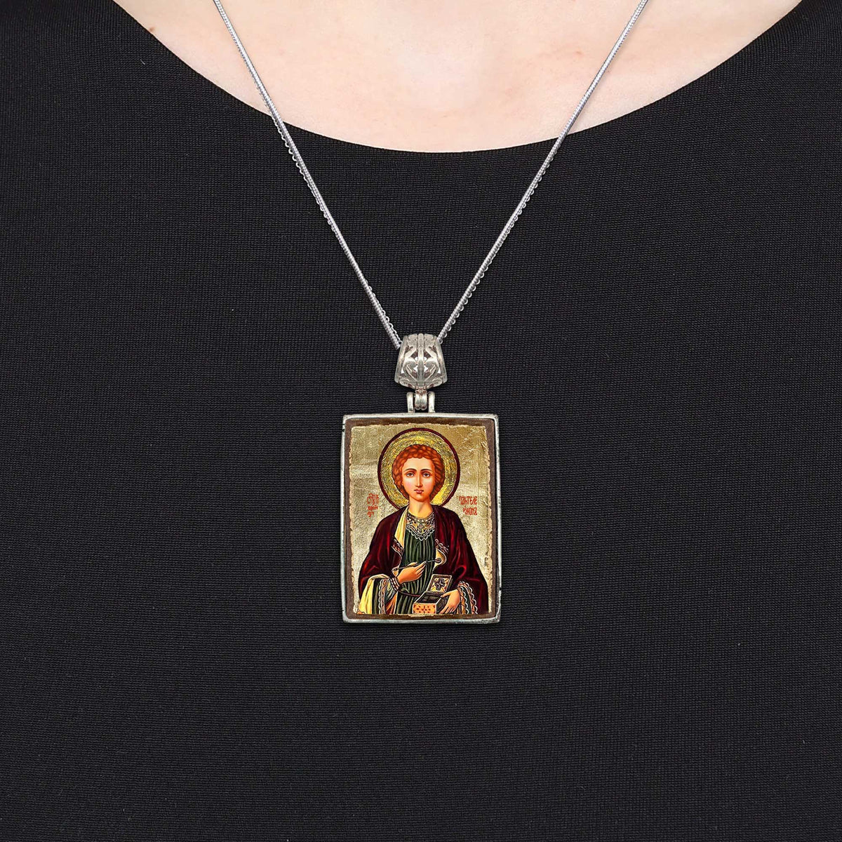 Saint Panteleimon Religious Jewelry Silver Plated Necklace, Gold-Plated Wooden Cabochon - Christian Sacred Icon - Inspirational Icon Decor - 43023R