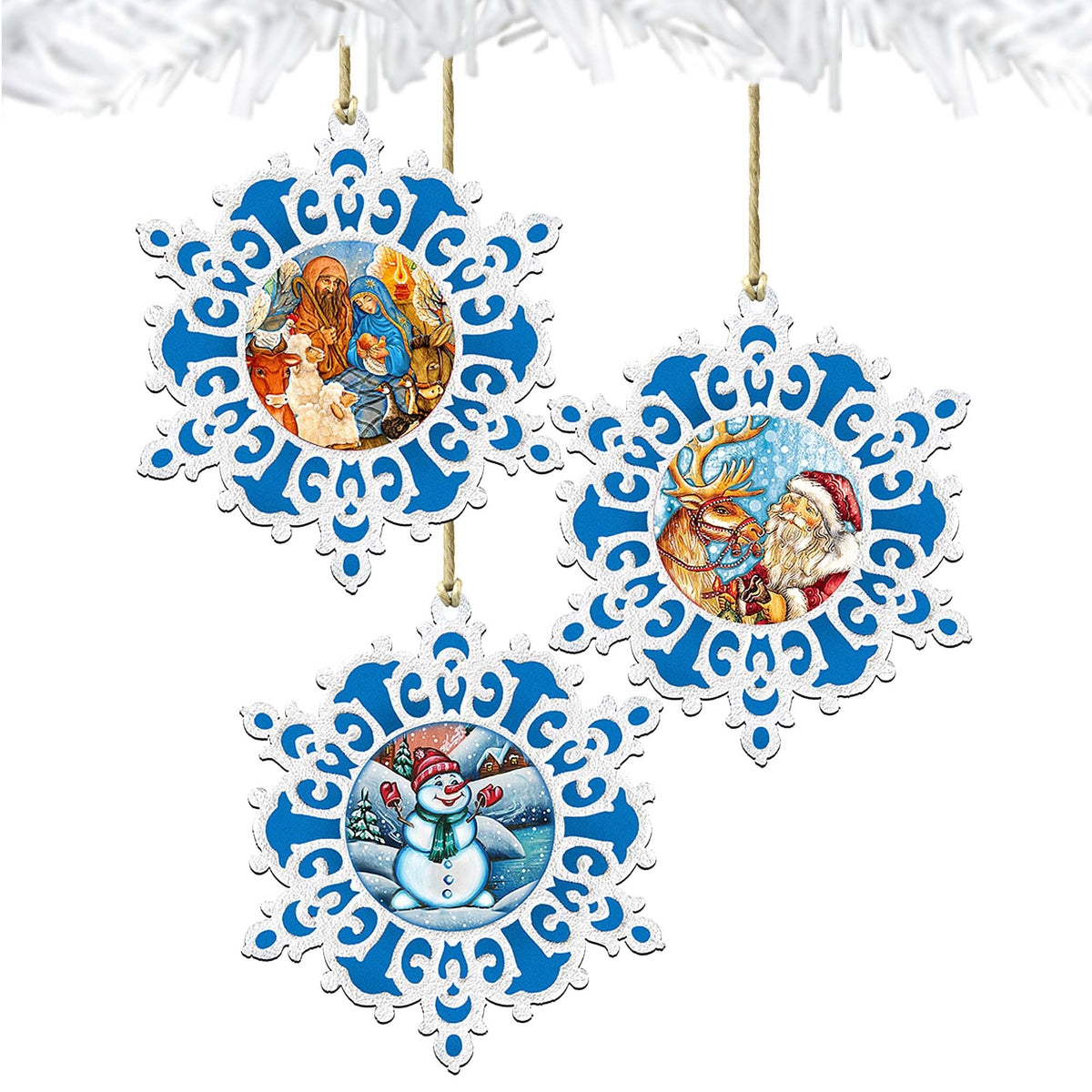 White Christmas Snowflakes Wooden Ornaments Set of 3 by G. DeBrekht - Christmas Santa Snowman Decor - 8100017S3