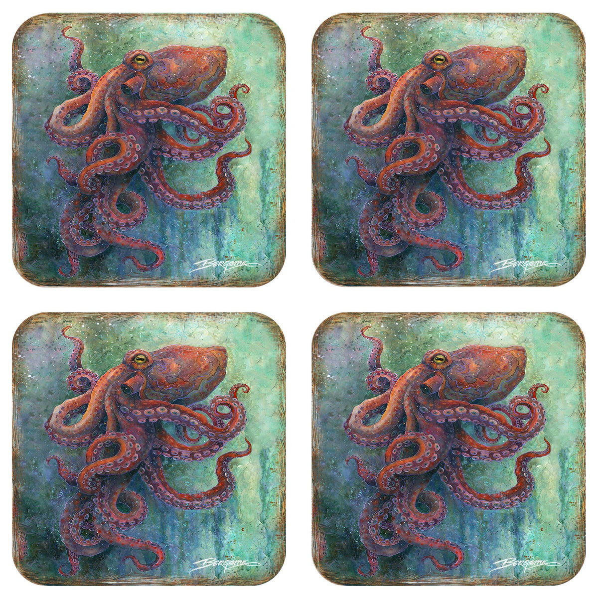 Octopus Wooden Cork Coasters Gift Set of 4 by J. Bergsma - Coastal Decor  - 8199459C-S4
