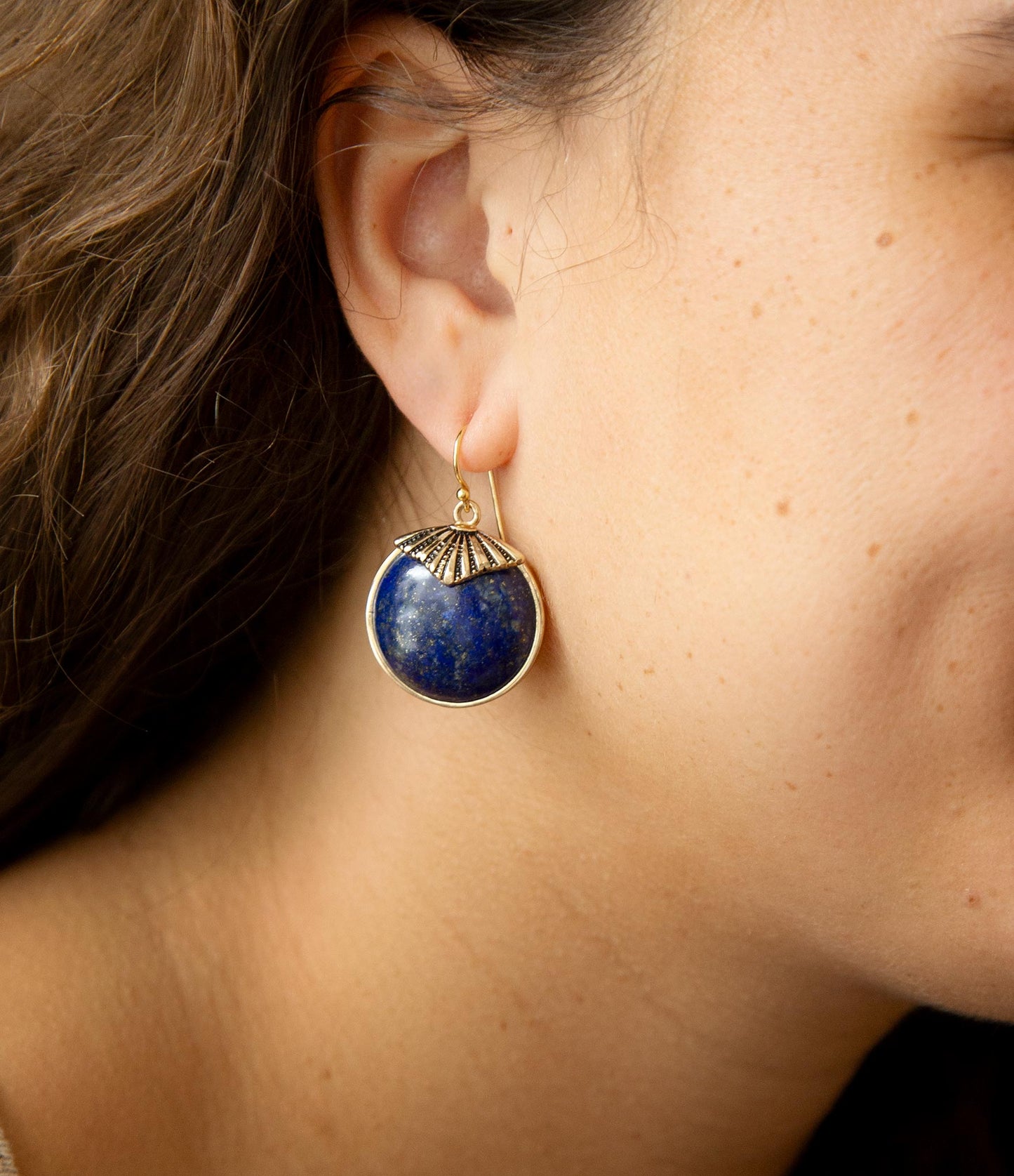 Blue Lapis Circle Golden Drop Earrings