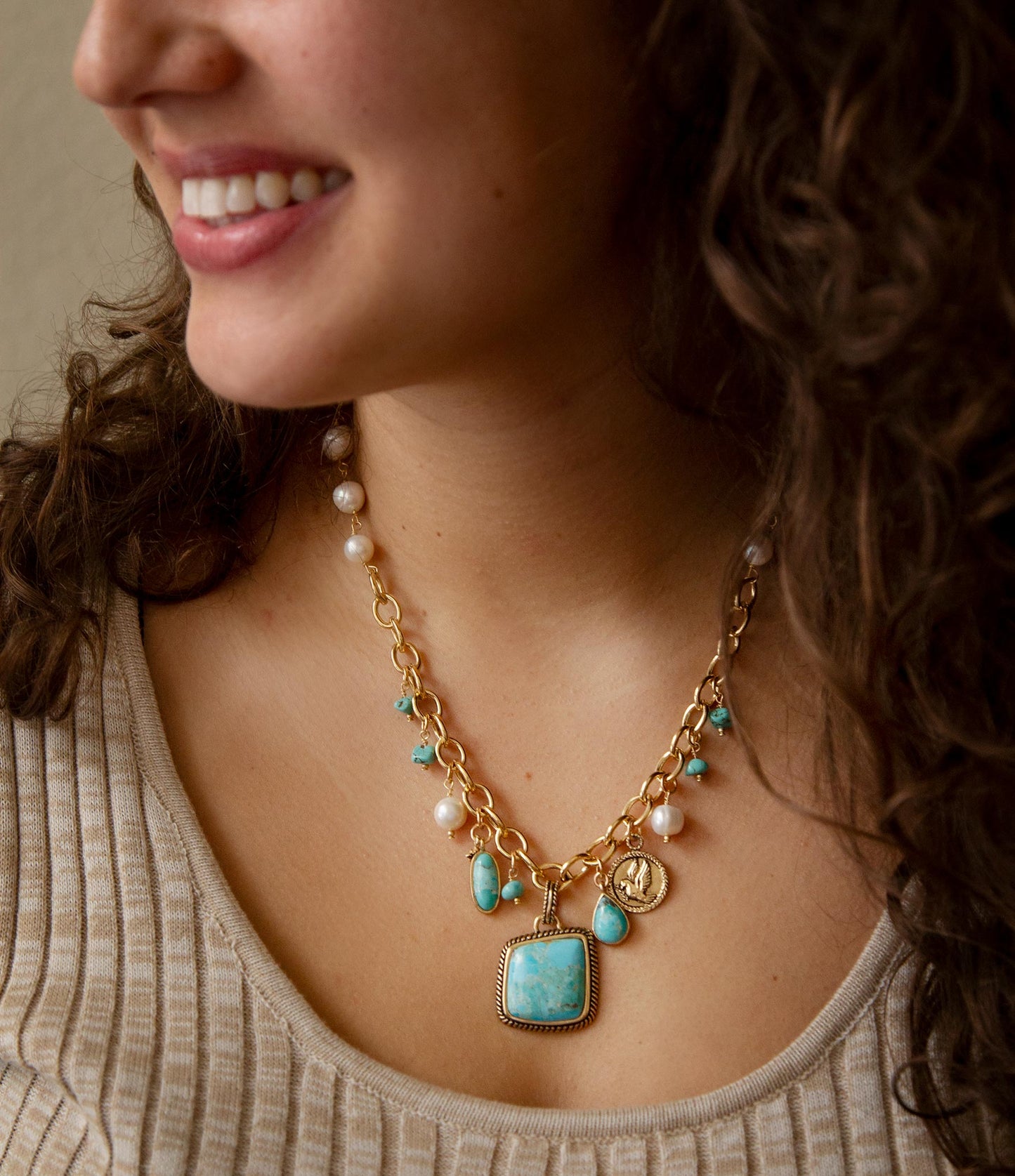 Blue Turquoise and White Pearl Multi Pendant Golden Necklace