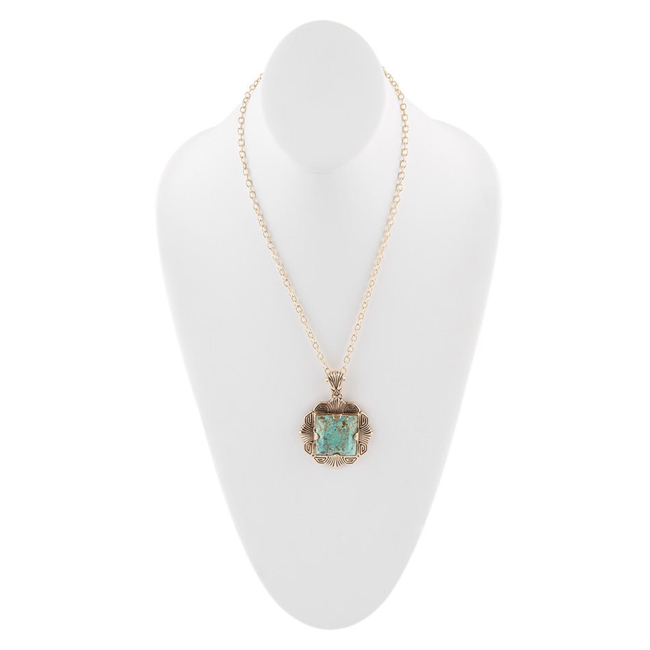 Blue Turquoise Square Golden Pendant Necklace