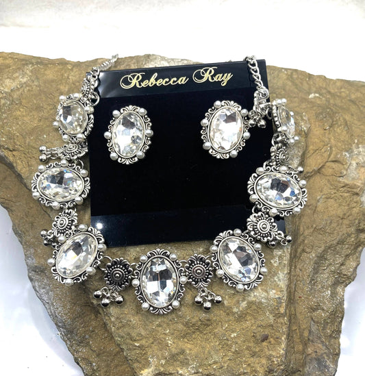 Rebecca Ray Vintage Crystal and Pearl Statement Necklace and Earring Set