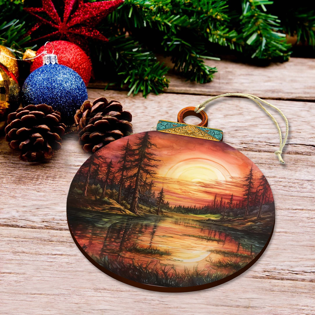 Red Sunset in Alaska Wooden Ornaments by G.Debrekht - Wildlife Holiday Decor - 870077