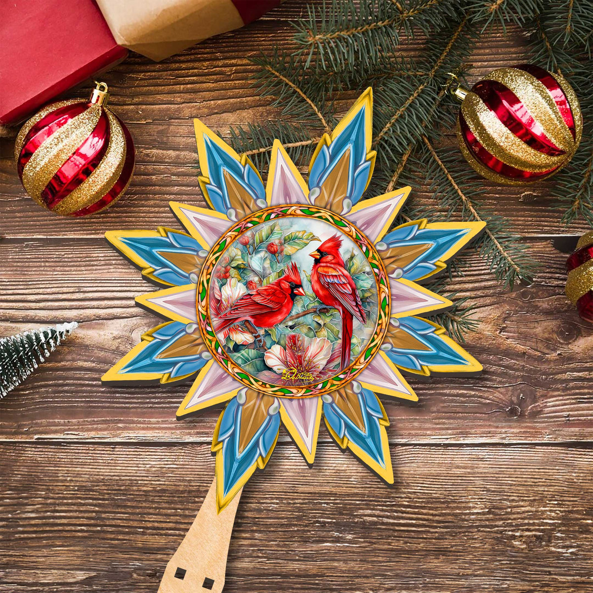 Christmas Cardinals Star Tree Topper Wooden Decor by G. Debrekht - Wildlife Holiday Decor - 89510
