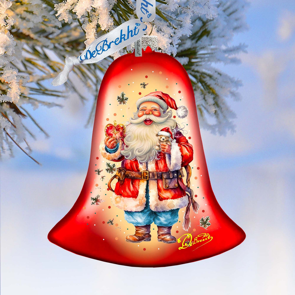Santa Claus Spreading Christmas Happiness Bell Glass Ornament by G. Debrekht - Christmas Santa Snowman Decor - 752-042