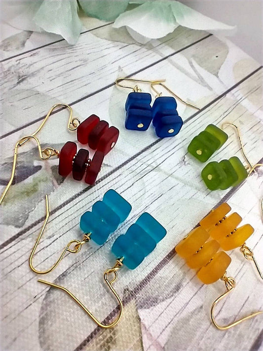 Bad Apple Designs Stacked Square Sea Glass, Gold Dangle Earrings