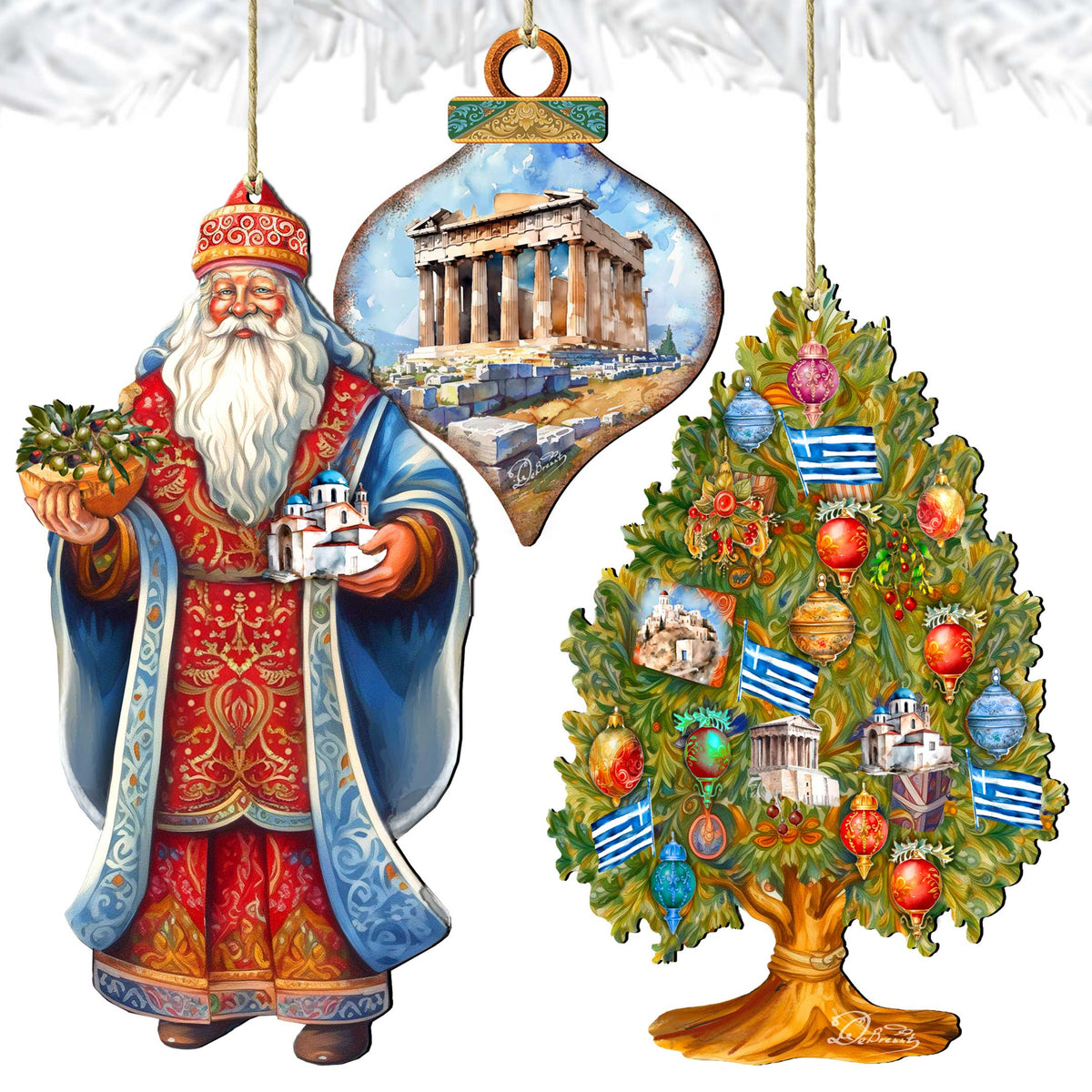 Santas Around the World - Greece Inspired Santa - Eco Wood Ornaments Set of 3 by G. DeBrekht Christmas Santa Snowman Decor - 8091316S3