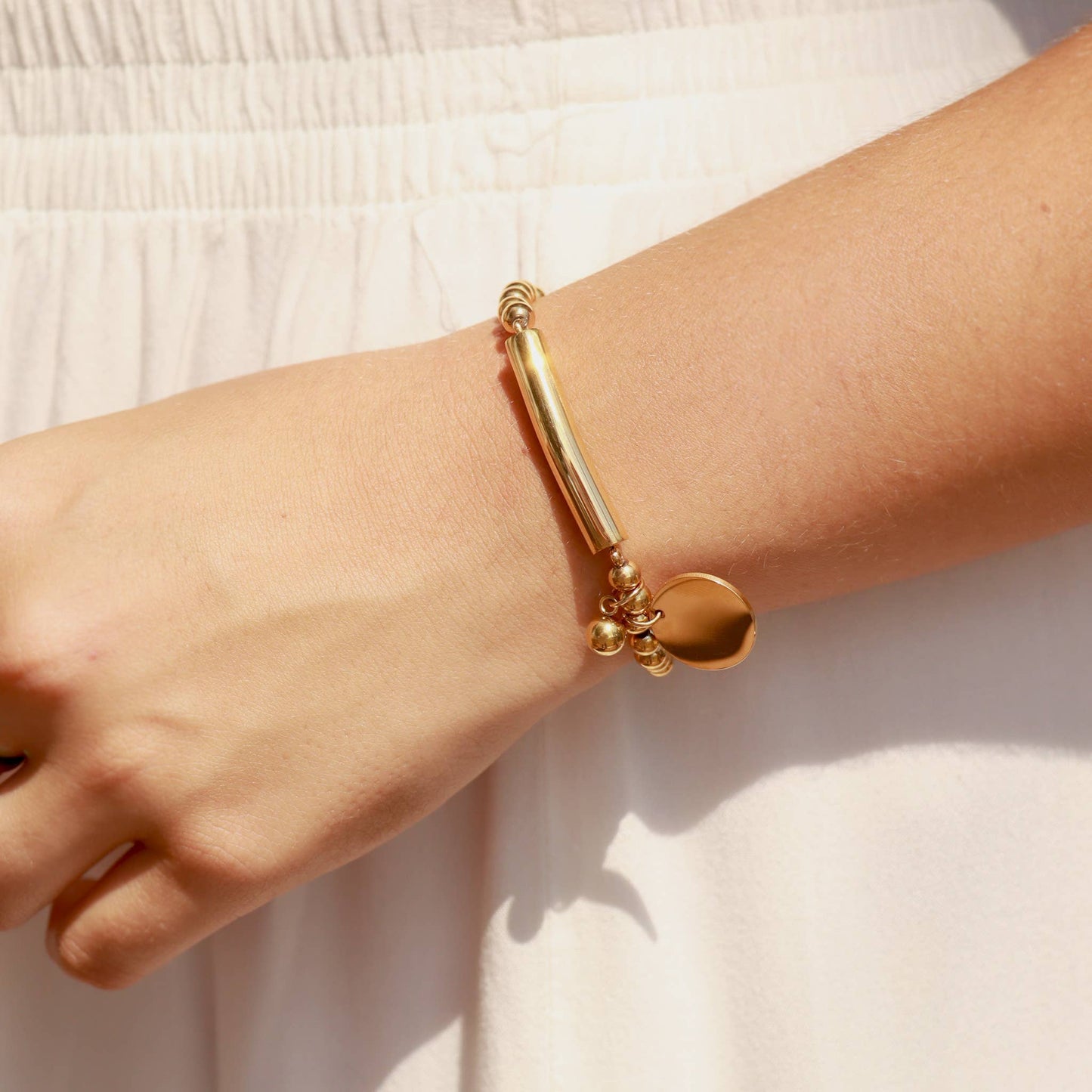 Stainless Steel Beaded Stretch Bracelet with Engravable Charm