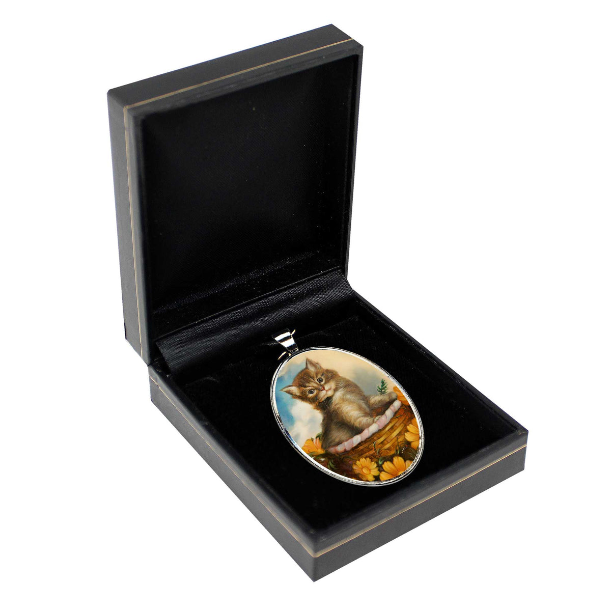 Kitten in A Basket Silver Plated Mother of Pearl Jewelry Pendant Necklace - 44032O