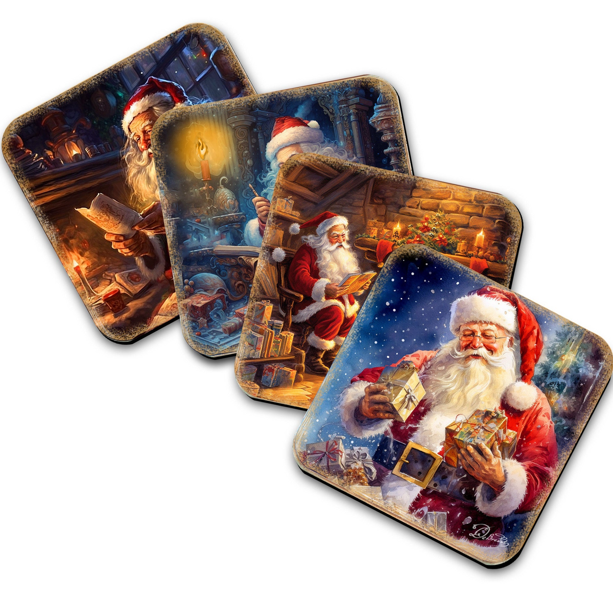 Santa Claus Wooden Cork Coasters Gift Set of 4 by G. Debrekht - Santa Christmas Decor  - 8199442C-S4