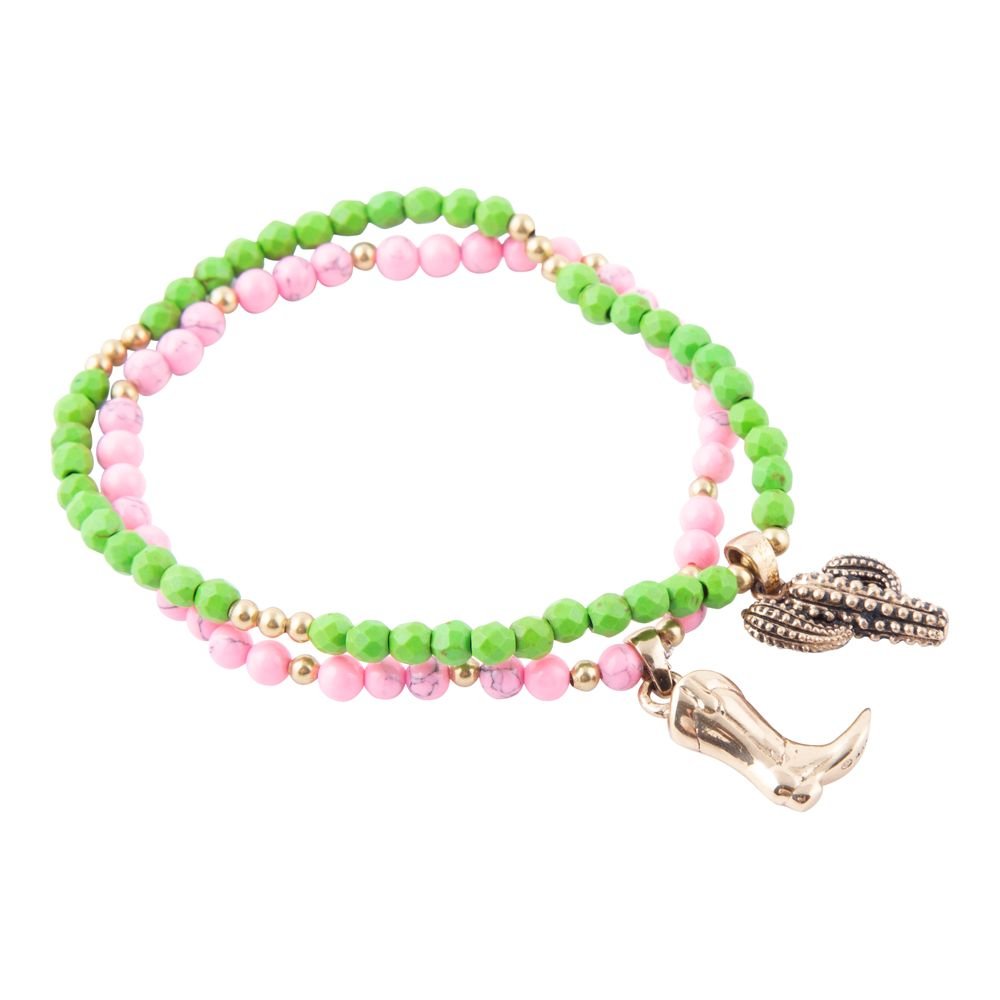 Charmed Cactus and Boot Pink Green Jade Golden Bracelet Set