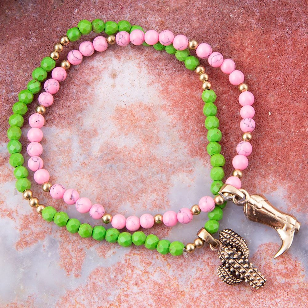 Charmed Cactus and Boot Pink Green Jade Golden Bracelet Set