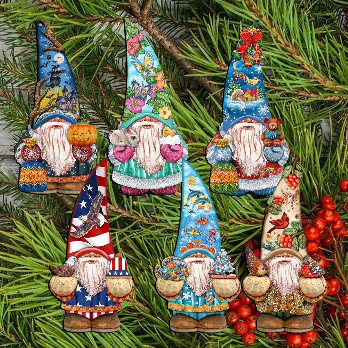 Holiday Gnomes Clip-On Eco Wood Decorative Ornaments Set of 6 by G. Debrekht  - Christmas Decor - 8090138C-S6