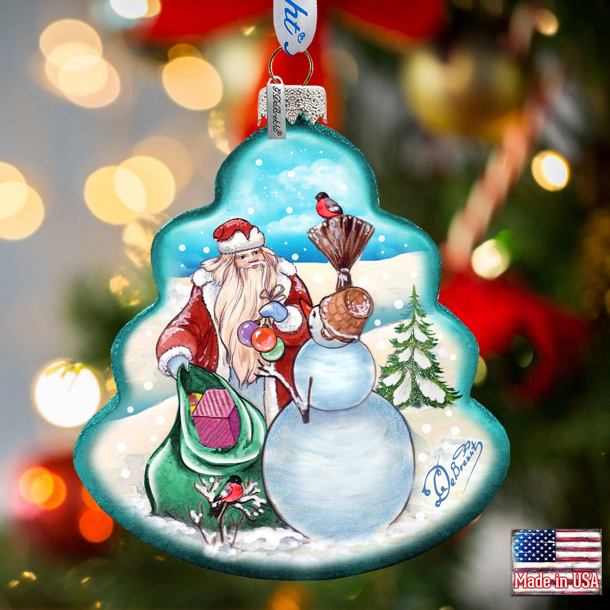 Santa with Snowman Tree Glass Ornament by G. DeBrekht - Christmas Santa Snowman Decor - 762-011