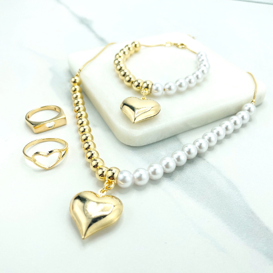 Parure Collier et Bracelet Luxus Accessories en Plaqué Or 18K avec Perles, Billes Dorées et Breloque Cœur Gonflé