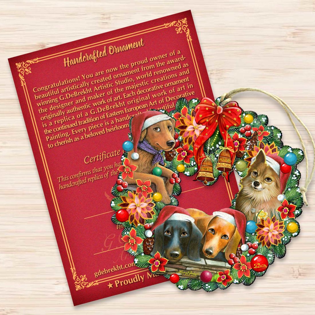Christmas Friends Puppy Wreath Wooden Ornaments by G. DeBrekht and L. Seeley - Pets Dog and Cats Decor - 8185307-6-SL