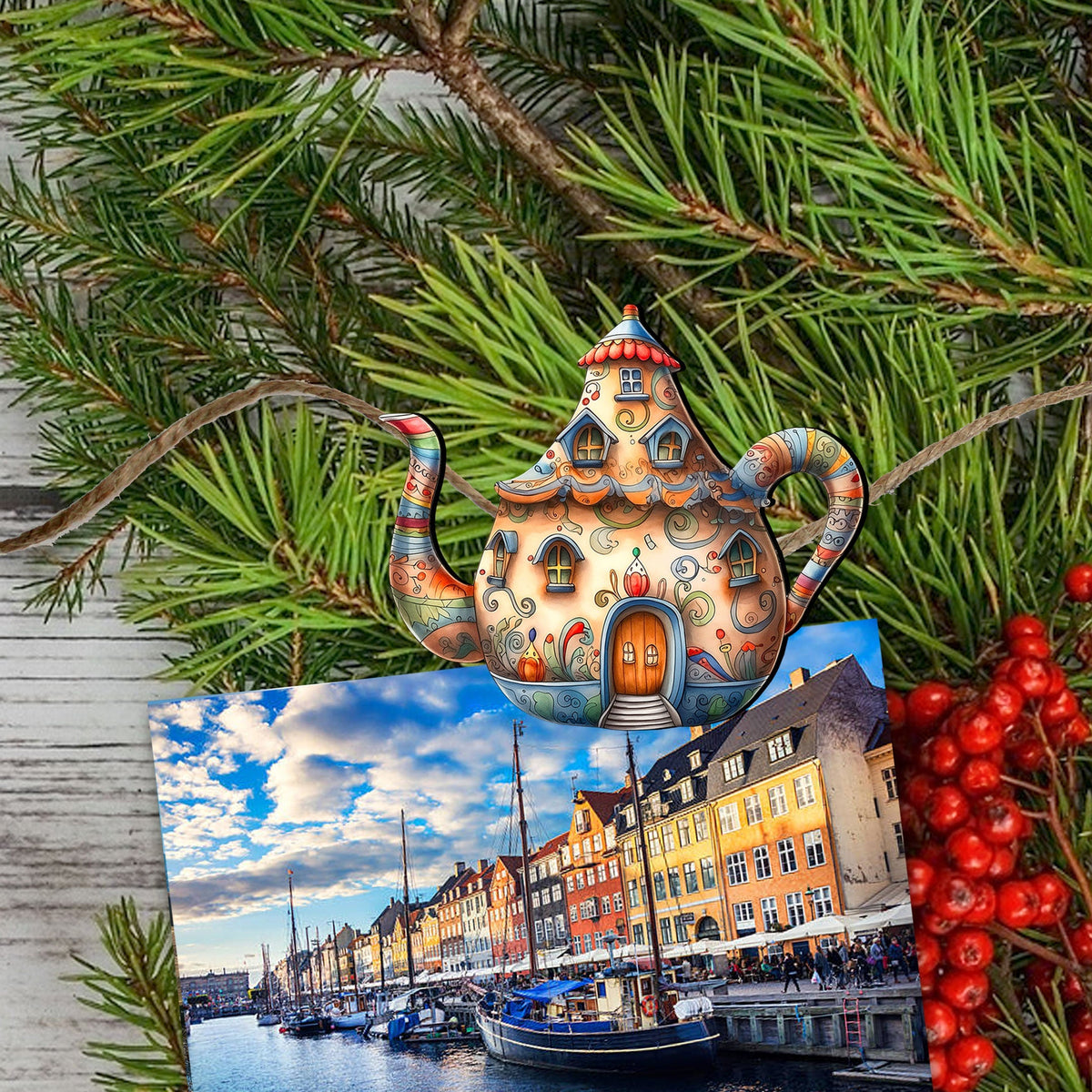 Teapots Clip-On Eco Wood Decorative Ornaments Set of 6 by G. Debrekht - Love Family Decor - 8090072C-S6