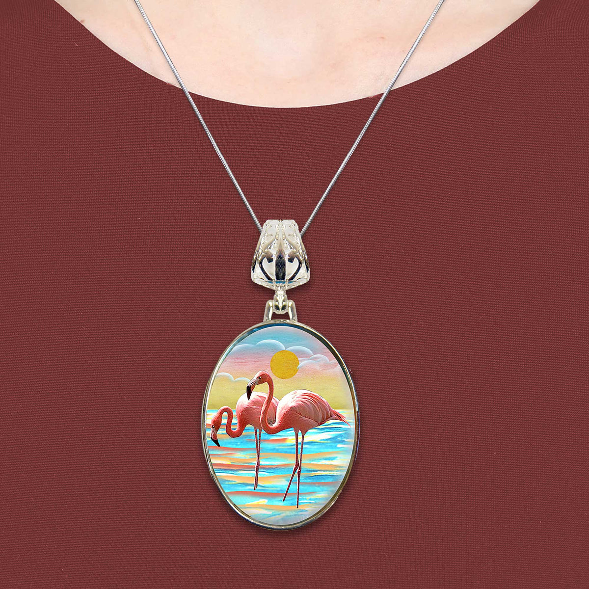 Flamingos Silver Plated Mother of Pearl Jewelry Pendant Necklace Coastal - 44046