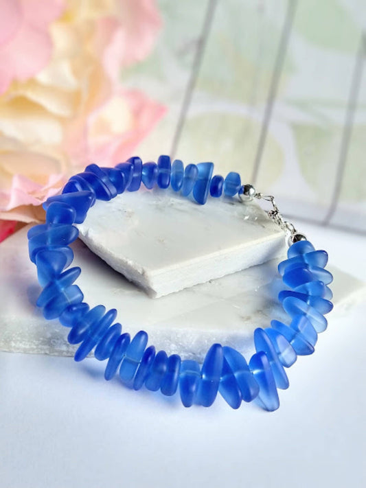 Bad Apple Designs Cobalt Blue Sea Glass Beach Strand Silver Bracelet