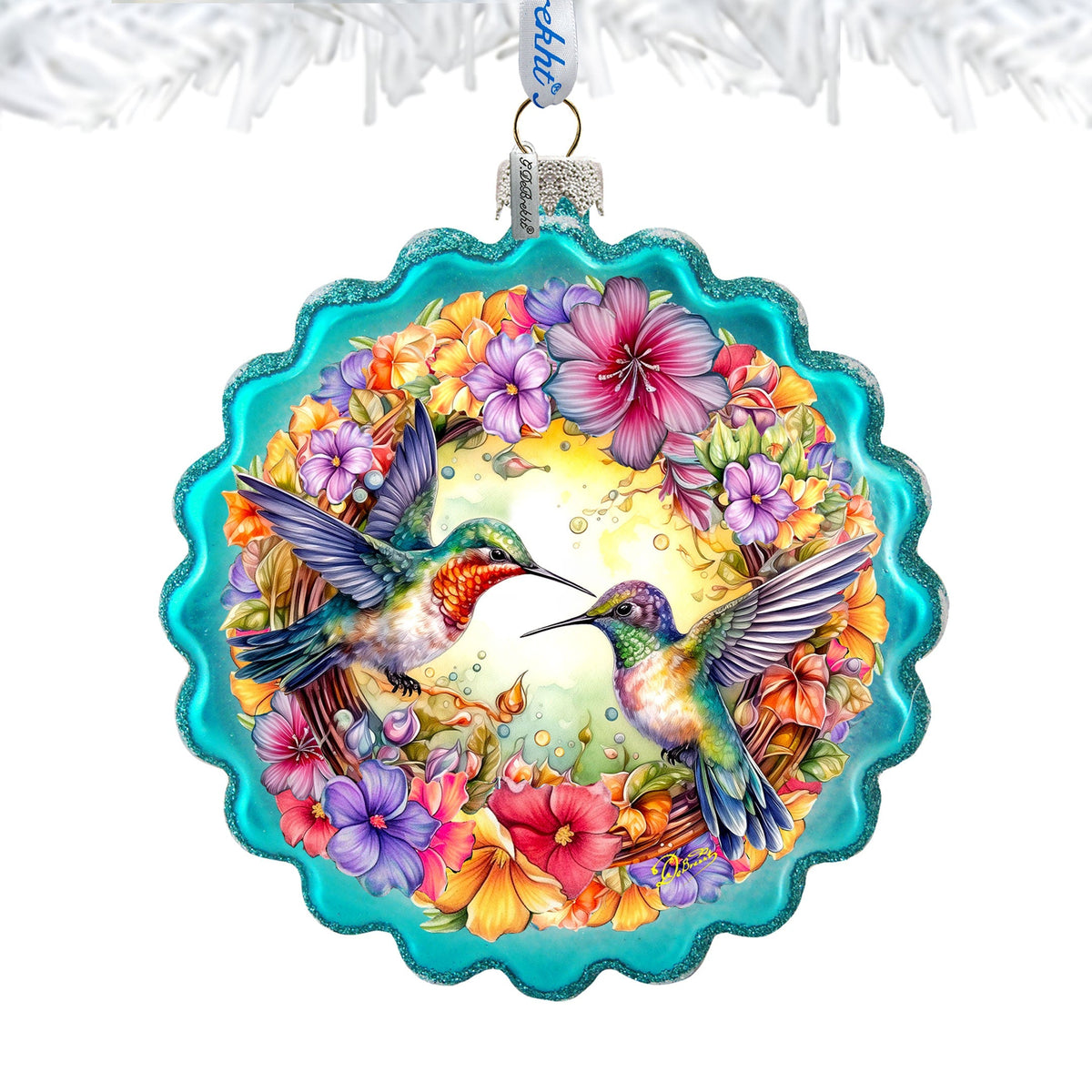 Hummingbirds Wreath Glass Ornament by G. Debrekht - Wildlife Holiday Decor - 759-061