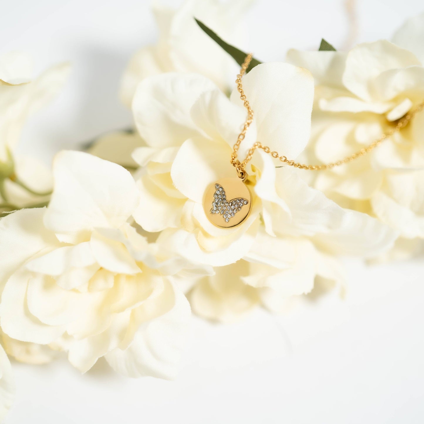 18K Gold PVD Stainless Steel CZ Butterfly Pendant Necklace