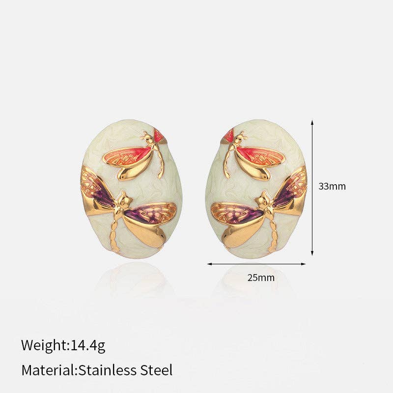 Oval Dragonfly Earrings Steel Asymmetric Drip Enamel S5P093