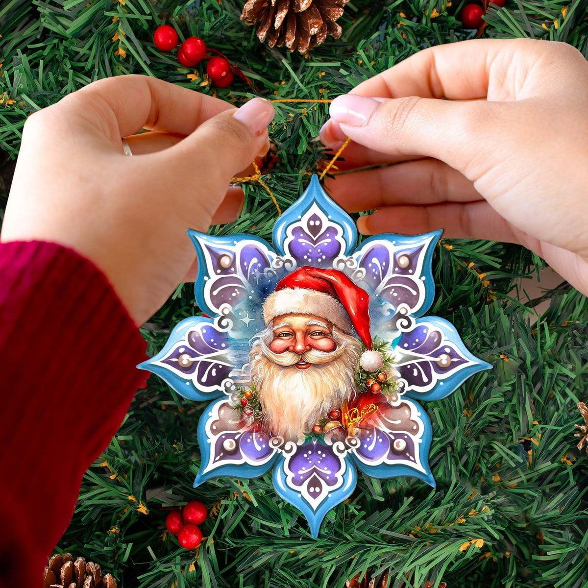 Smiling Santa Snowflake Wooden Ornaments by G. Debrekht - Christmas Santa Snowman Decor - 8688423