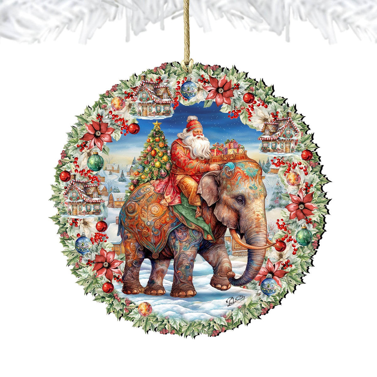 Santa on Elephant Wreath Wooden Ornaments by G. Debrekht Christmas Santa Snowman Decor - 8611043