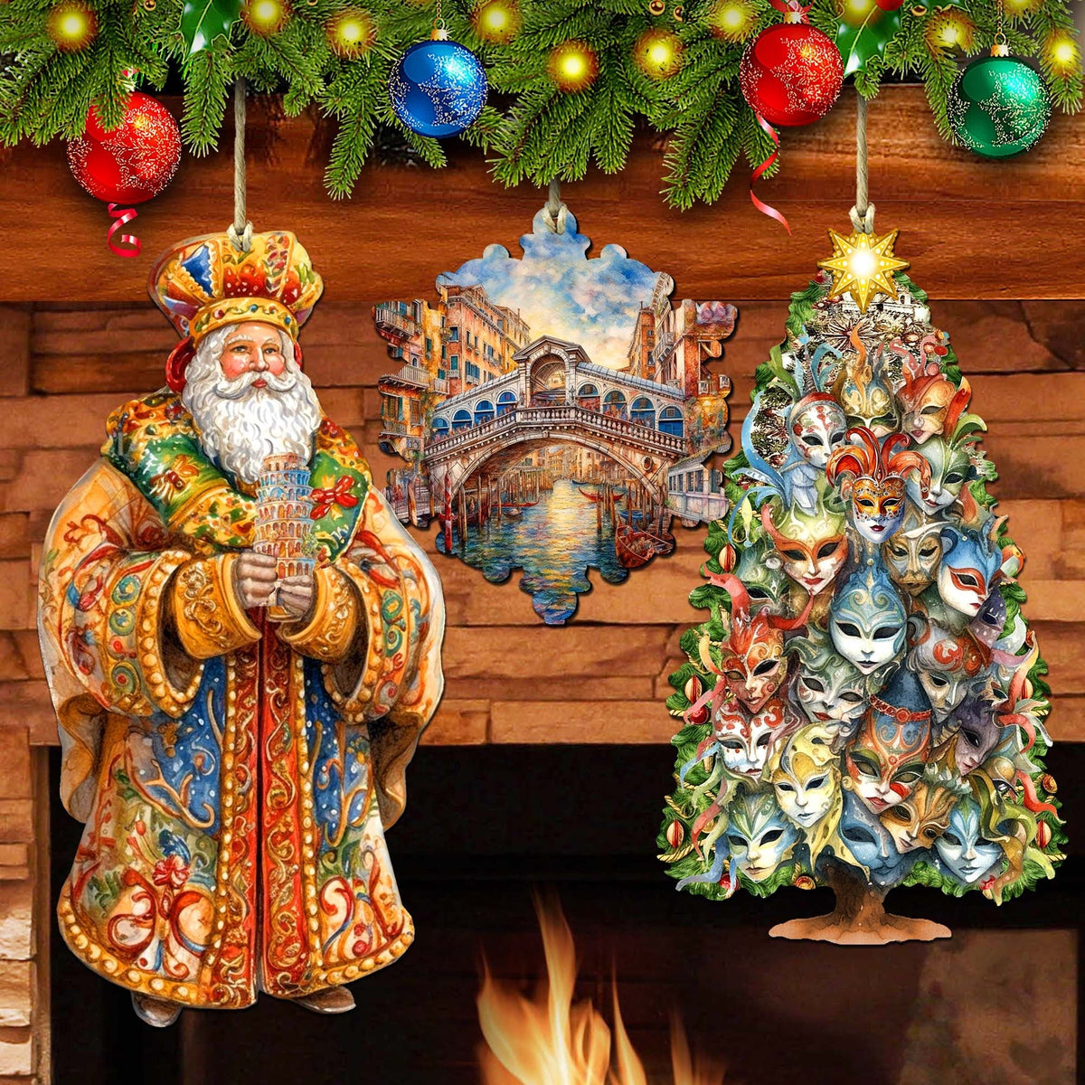 Santas Around the World - Italian Inspired Santa - Eco Wood Ornaments Set of 3 by G. DeBrekht Christmas Santa Snowman Decor - 8091307S3