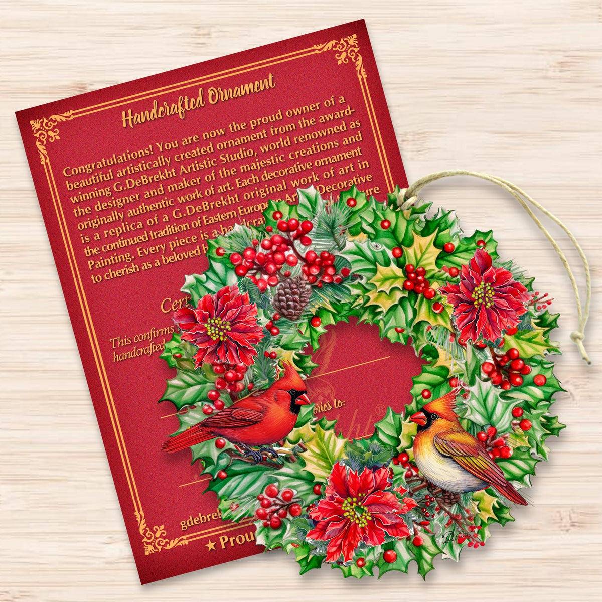 Holiday Cardinal Garland Wreath Wooden Ornaments by G. Debrekht Christmas Decor - 8611070