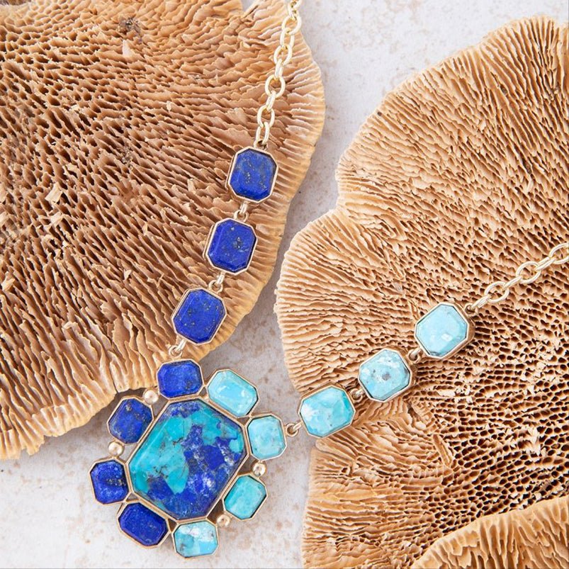 Duality Blue Lapis and Turquoise Golden Pendant Necklace