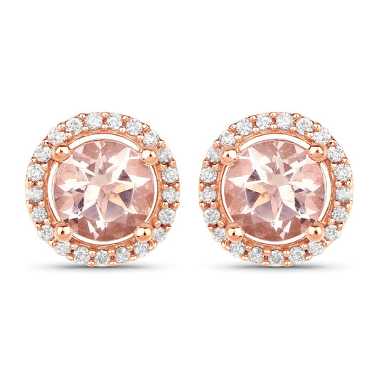 0.93 Carat Genuine Morganite and White Diamond 14K Rose Gold Earrings