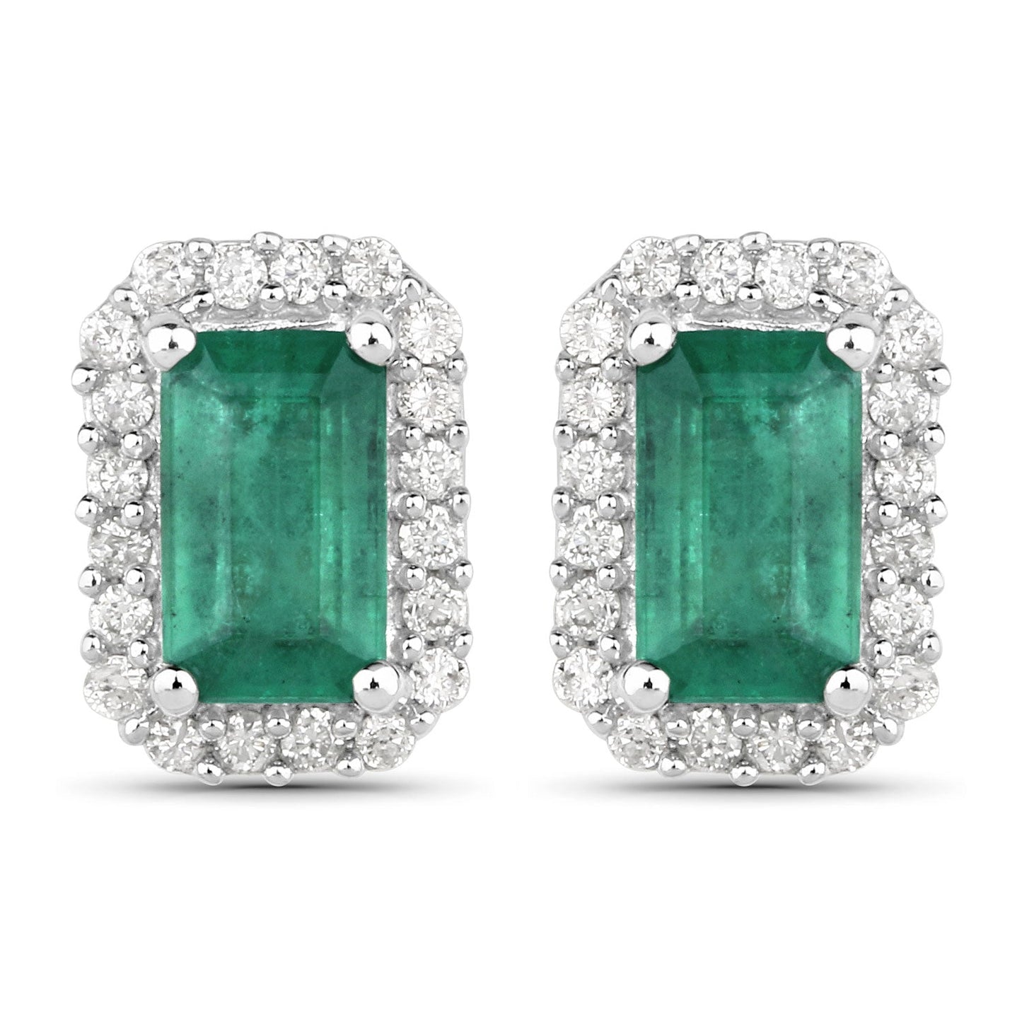 0.91 Carat Genuine Zambian Emerald and White Diamond 14K White Gold Earrings