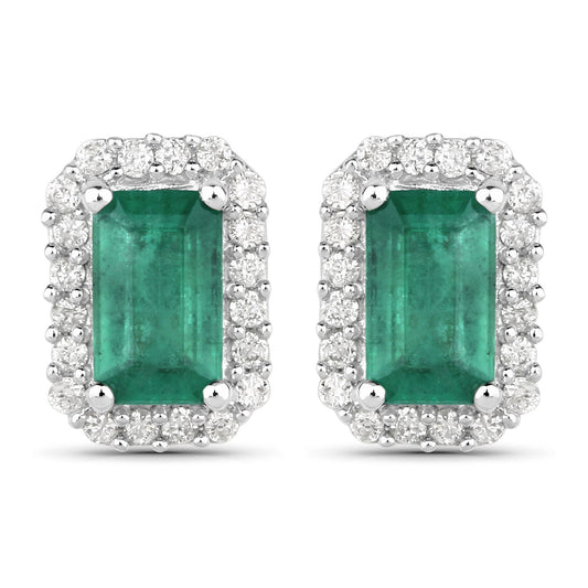 0.91 Carat Genuine Zambian Emerald and White Diamond 14K White Gold Earrings