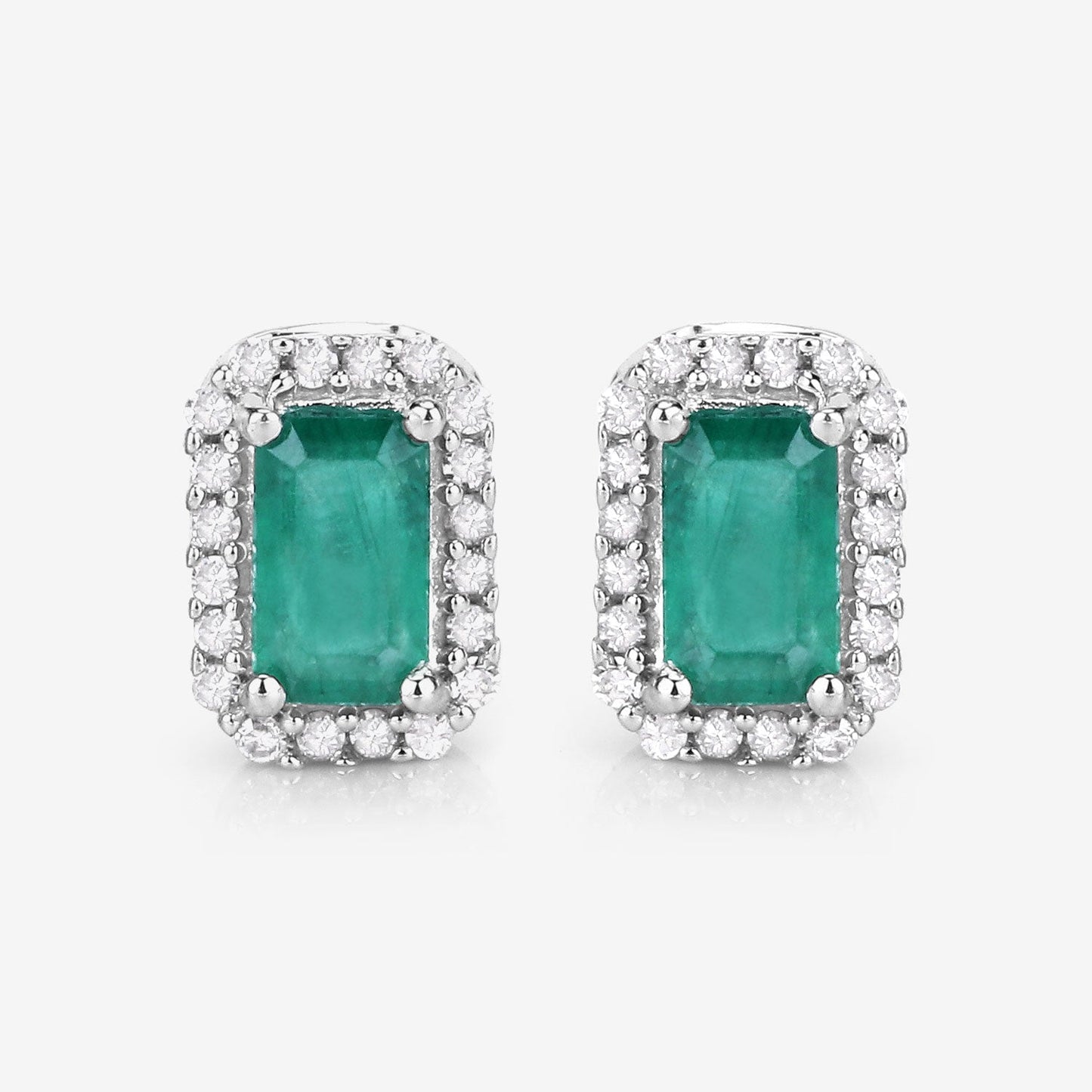 0.91 Carat Genuine Zambian Emerald and White Diamond 14K White Gold Earrings