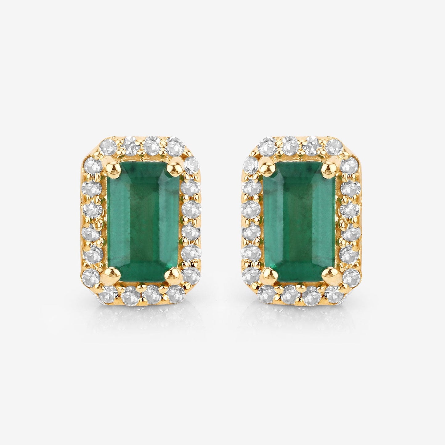 0.91 Carat Genuine Zambian Emerald and White Diamond 14K Yellow Gold Earrings