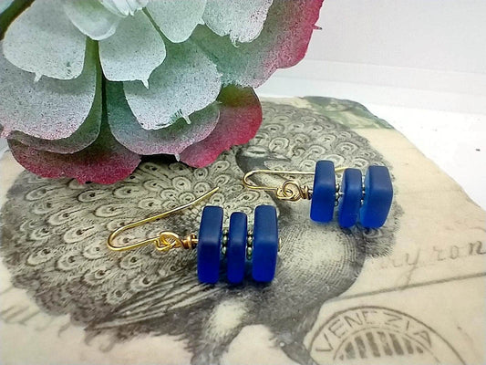 Bad Apple Designs Stacked Square Sea Glass, Gold Dangle Earrings