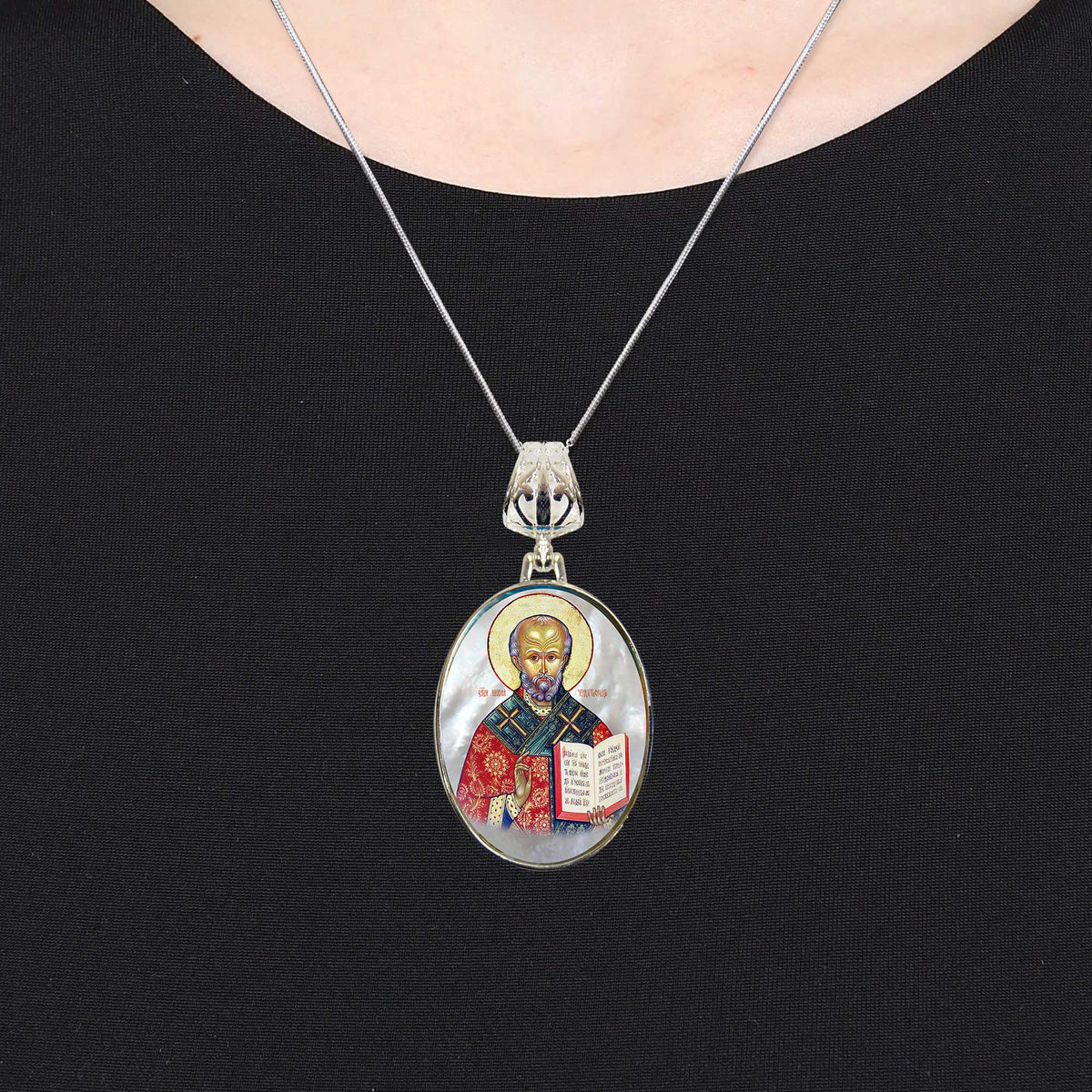 Saint Nicholas Silver Plated Mother of Pearl Necklace - 43021