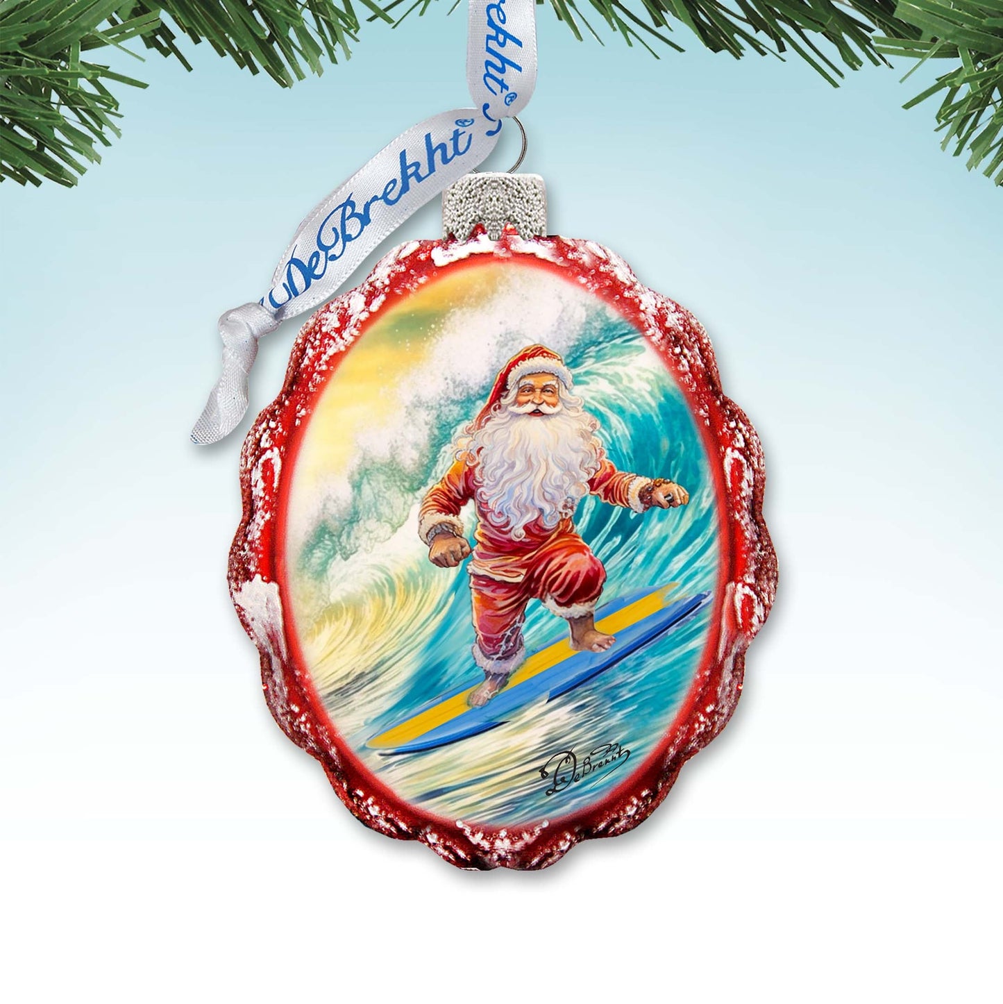 Coastal Christmas Ornaments  Santa on the Surfboard Keepsake Glass Ornaments by G. Debrekht - Coastal Holiday Decor - 777392