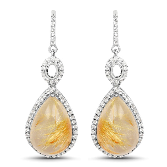 10.04 Carat Genuine Golden Rutile And White Topaz .925 Sterling Silver Earrings