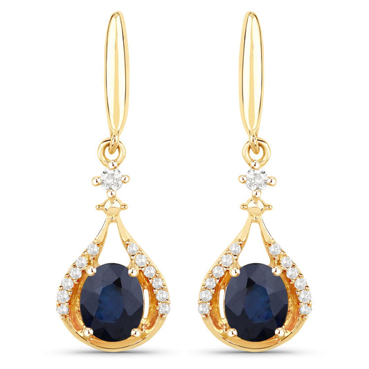 0.86 Carat Genuine Blue Sapphire and White Diamond 14K Yellow Gold Earrings