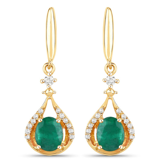 0.70 ct Genuine Zambian Emerald and White Diamond 14K Yellow Gold Earrings
