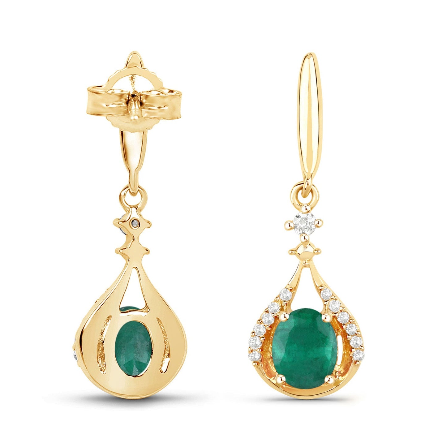 0.70 ct Genuine Zambian Emerald and White Diamond 14K Yellow Gold Earrings