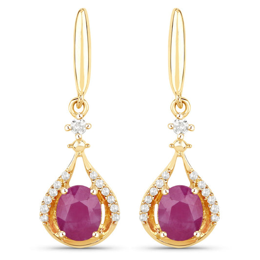 0.70 ct Genuine Ruby and White Diamond 14K Yellow Gold Earrings