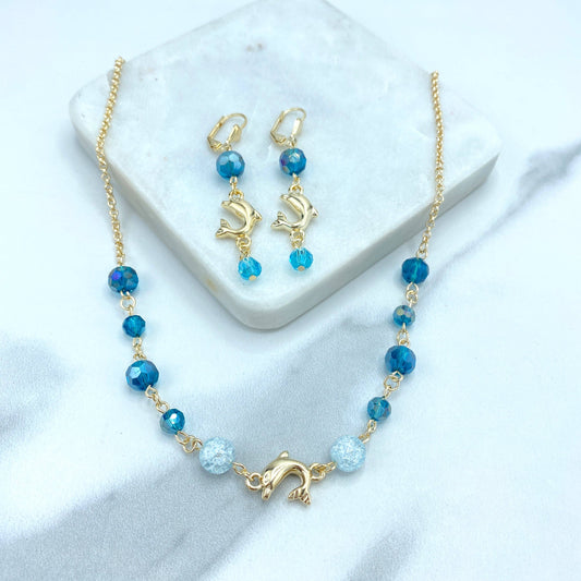 Luxus Accessories 18k Gold Filled Crystal Beads Sapphire Color & Dolphin Charms Necklace and Earrings SET